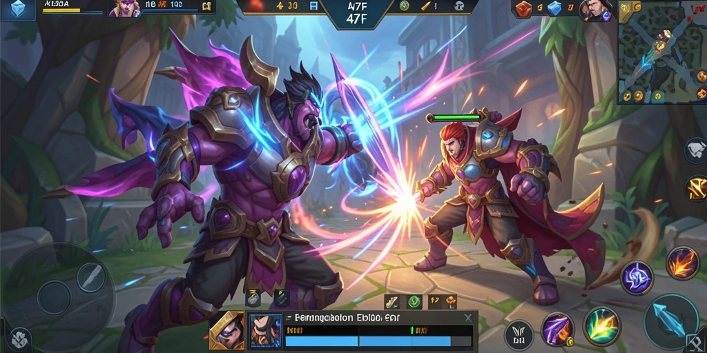 Tangkapan layar pertarungan seru dalam gameplay MOBA 47F.