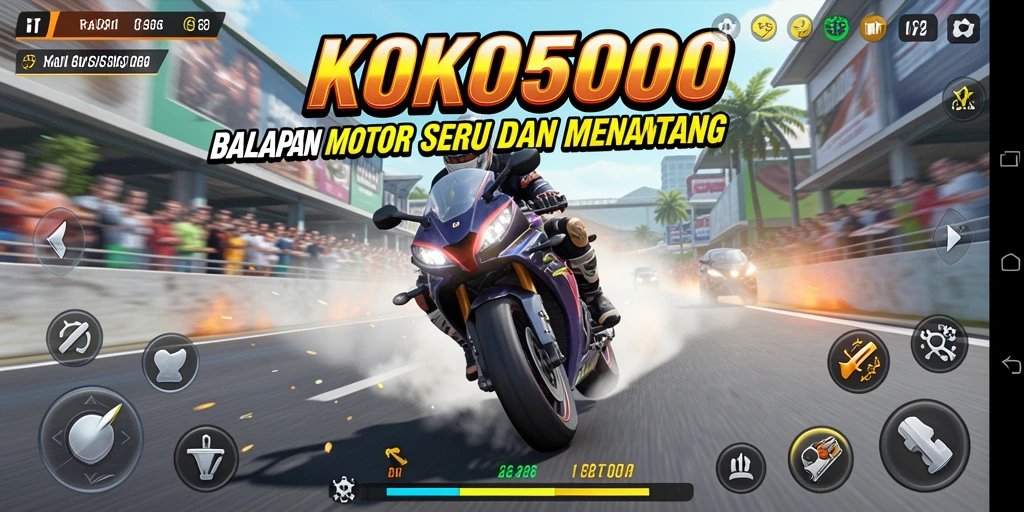 Gameplay menegangkan KOKO5000 saat balapan motor di trek yang menantang.