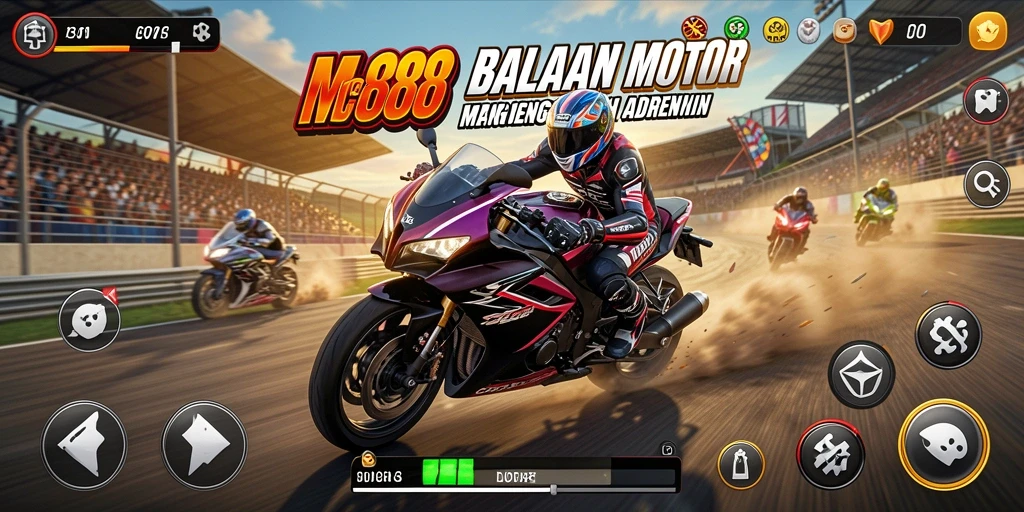Screenshot gameplay <strong>MC888</strong> menampilkan aksi balapan motor yang mendebarkan.