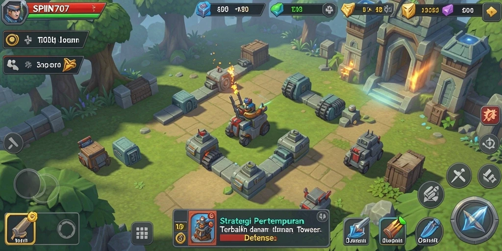 Screenshot gameplay SPIN707 menampilkan pertahanan menara yang kuat melawan serangan musuh.