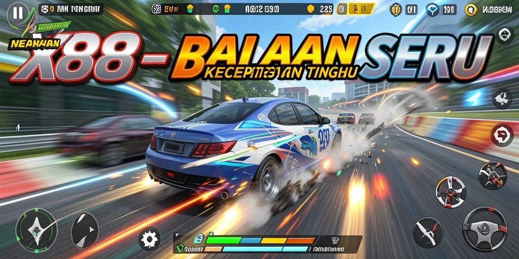 Screenshot gameplay X88 menampilkan momen balapan penuh aksi dan kecepatan.